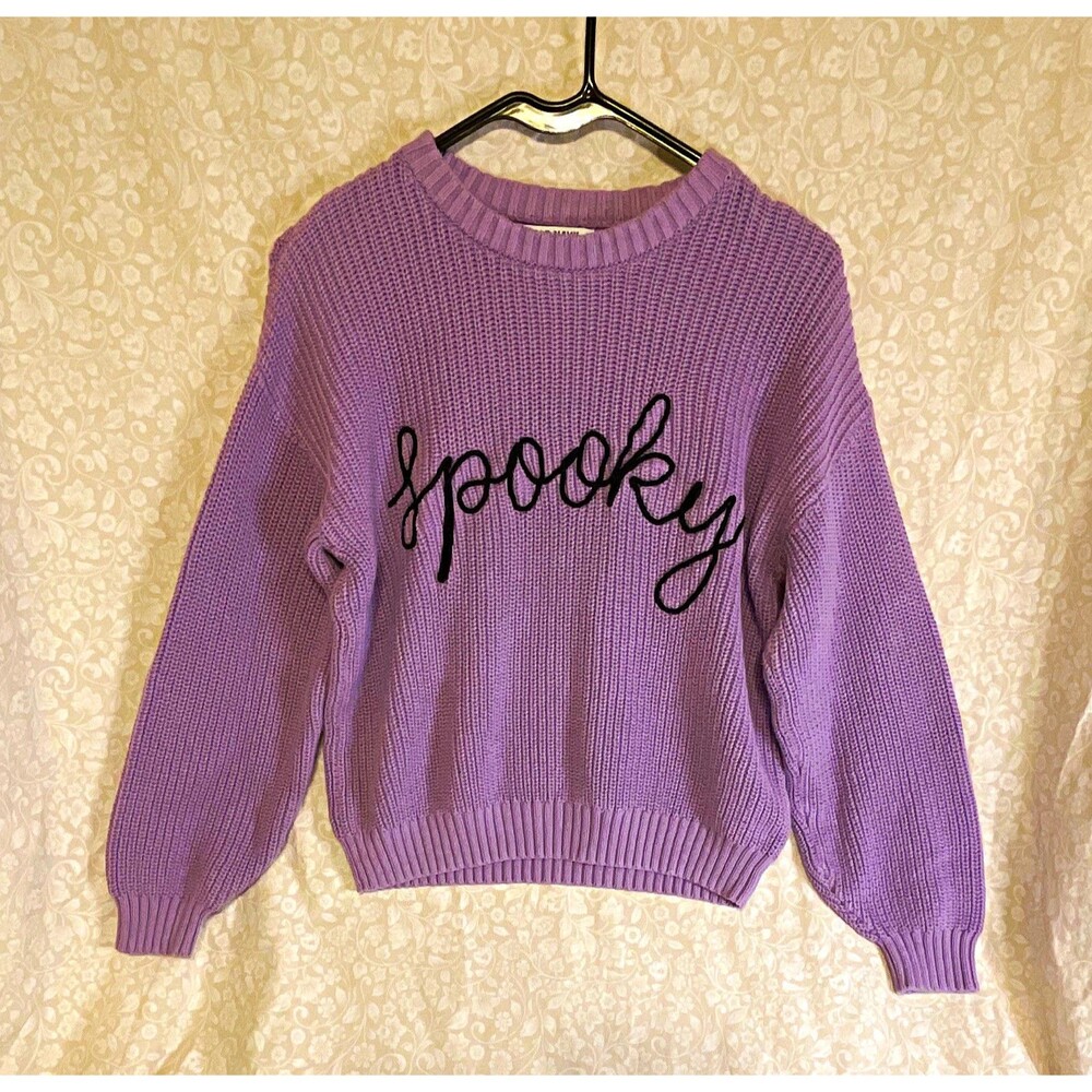 Old Navy Girls XL Purple Knit Cotton Halloween Graphic Embroidered Crew Sweater